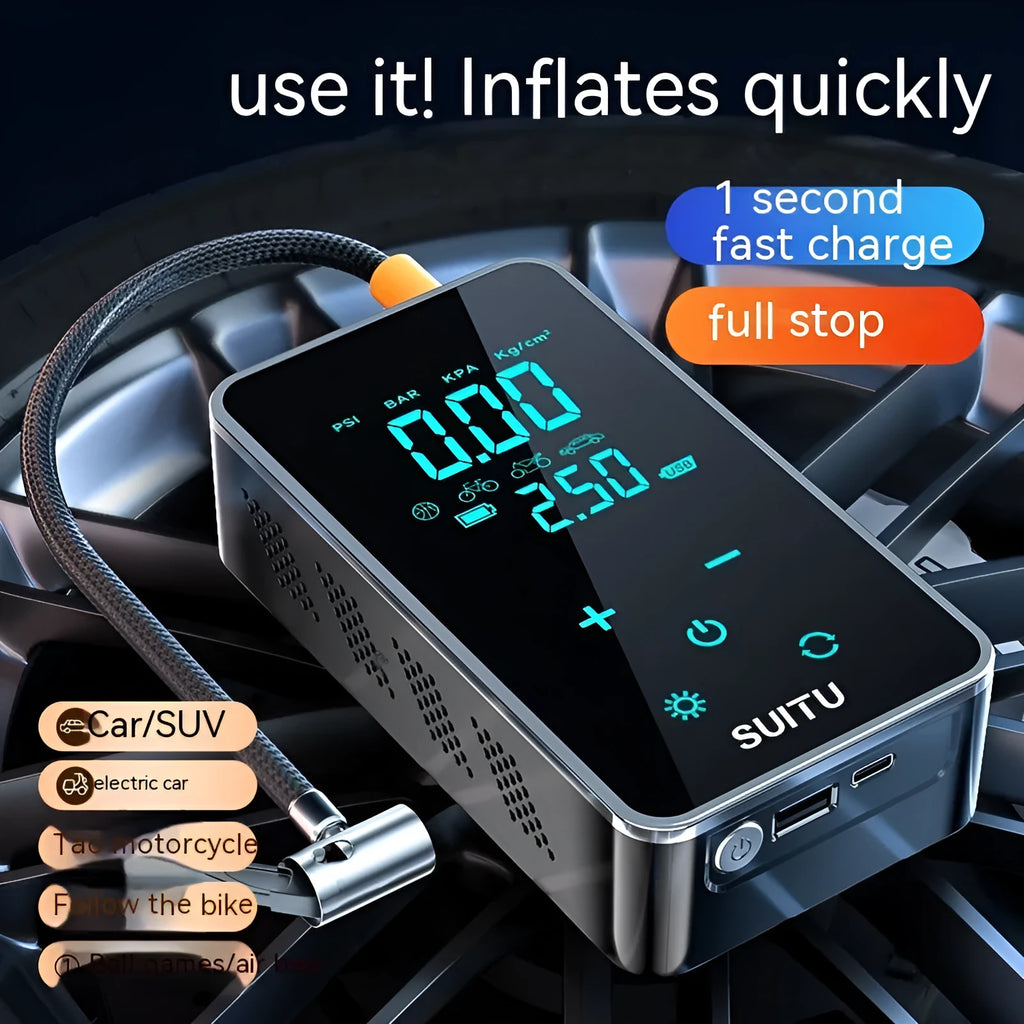Black wireless car tyre inflator with LCD screen display and attached air hose on a grey background
