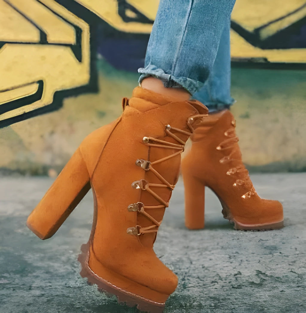 Women's suede high heel Roman boots in army green with thick heel and waterproof platform