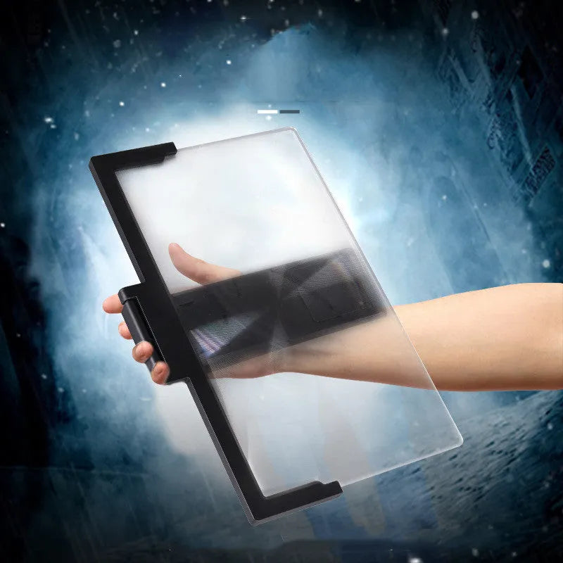 Black mobile phone stand with a large central magnifying lens on a stable ABS plastic base.