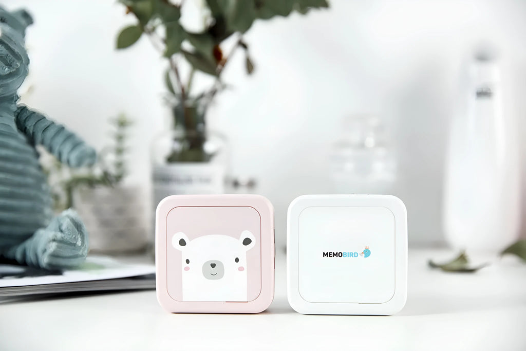 Thermal pocket portable Bluetooth printer in white, 79x79x40mm, with thermal paper roll inside