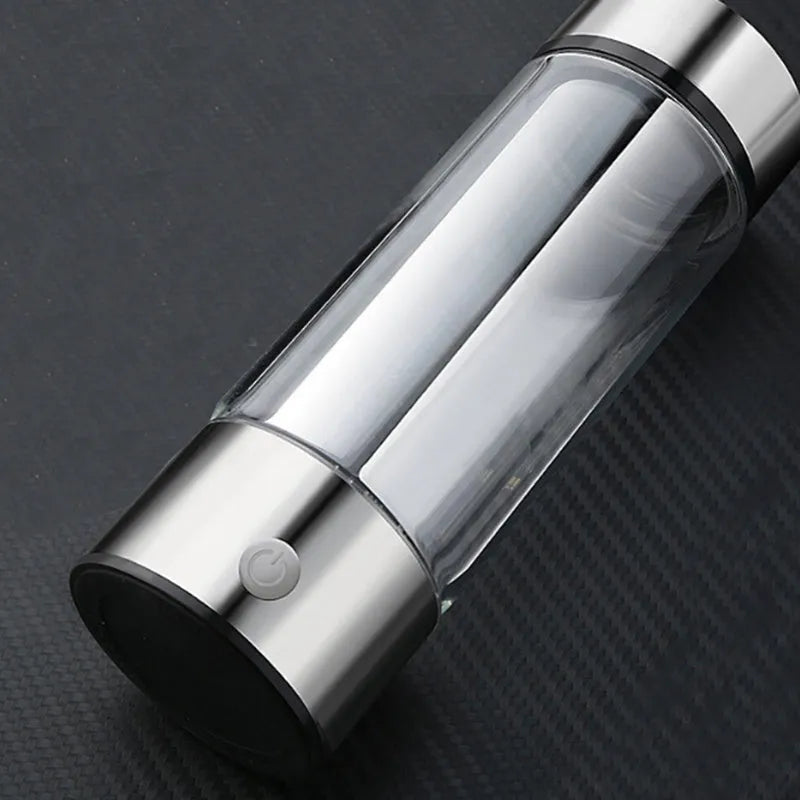 Portable hydrogen water bottle made from high borosilicate glass and 304 stainless steel, with silver finish