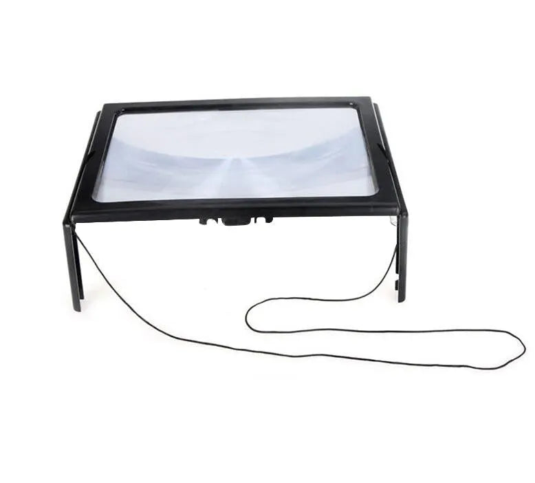 Desktop magnifying glass with 4 LED lights, A4 full-page black magnifier on a table