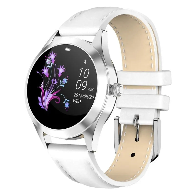 Women's multi-functional smartwatch in black, rose gold, silver, or white with heart rate monitoring.