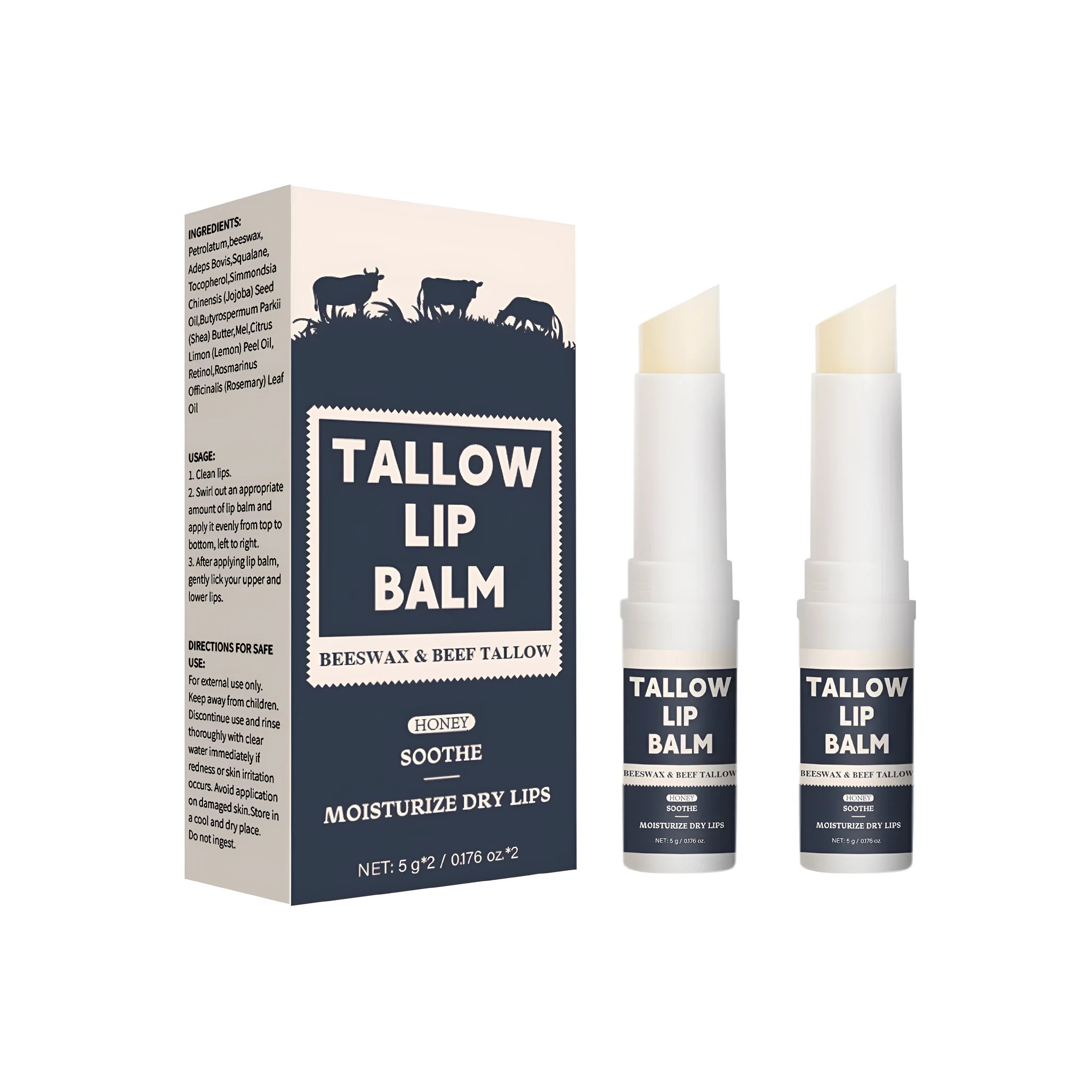 Two light grain soft full lips beef fat lip balm sticks for dry lips, suitable for whole family use