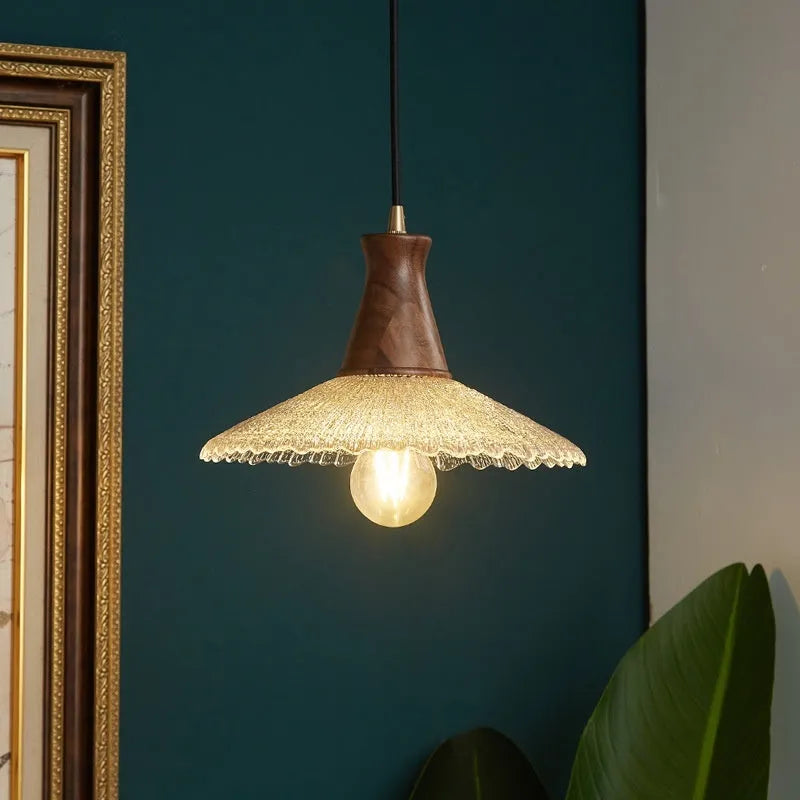Retro wooden chandelier with brass electroplated finish and glass shade in three size options
