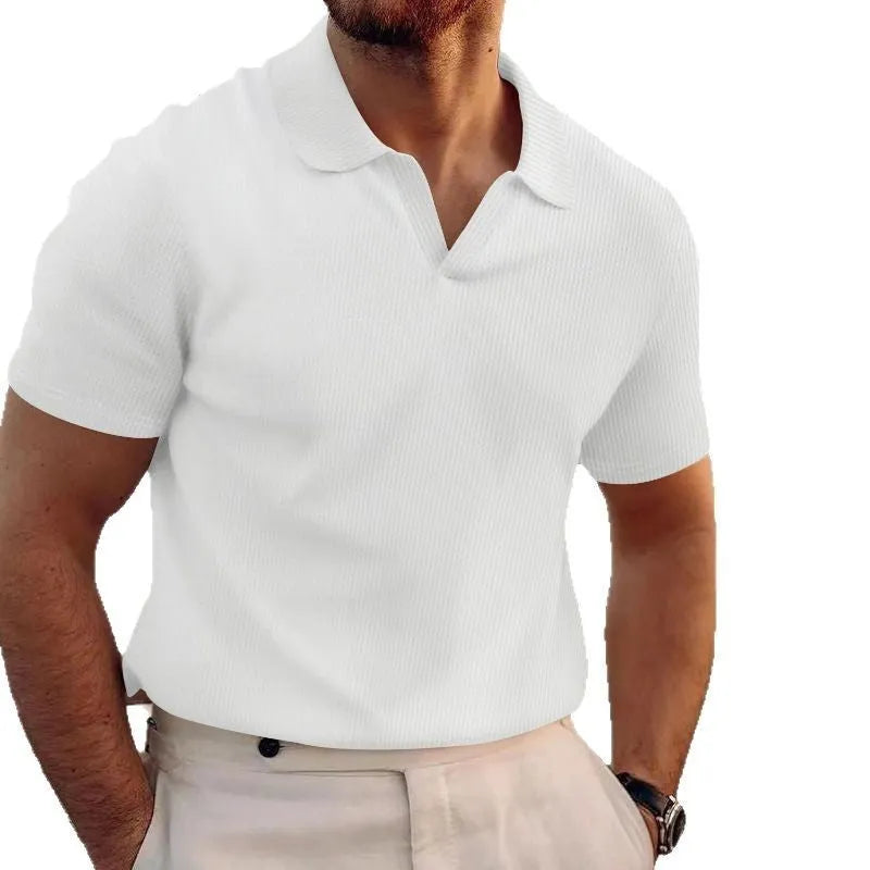 Men's slim-fit waffle weave t-shirt with lapels collar in solid colours