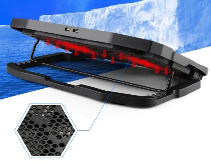 Black universal laptop cooling stand with copper heat sink plate and variable speed control