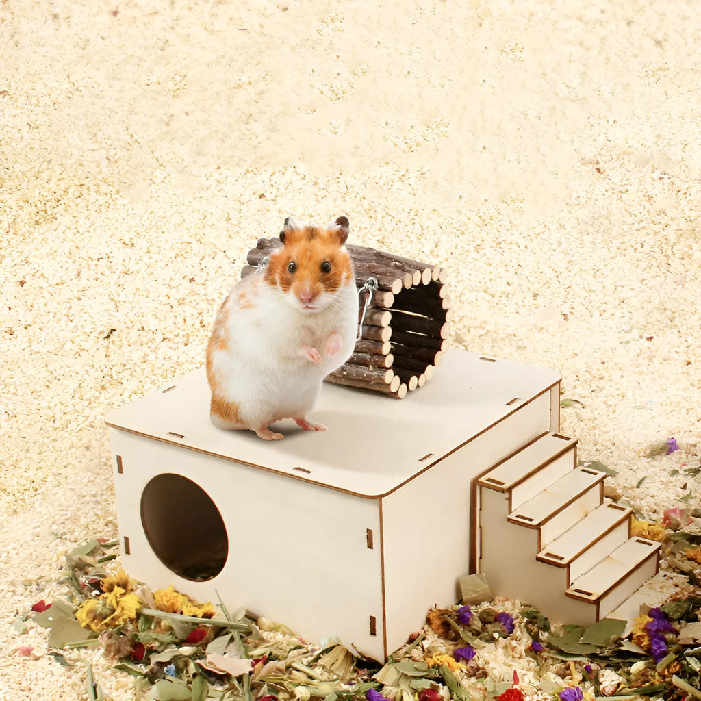 Hamster natural wooden fence platform swing toy combined cage accessory for small pets