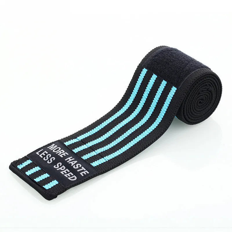 Weightlifting strength wristband in blue nylon with adjustable strap on gym floor