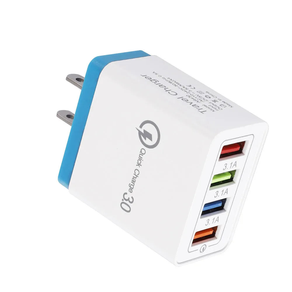 Four-port USB wall charger with luminous light, shown in dark blue colour with EU plug.