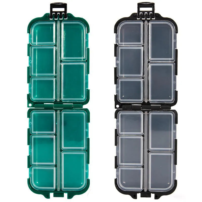 Black plastic storage box with ten internal compartments for fishing tackle.