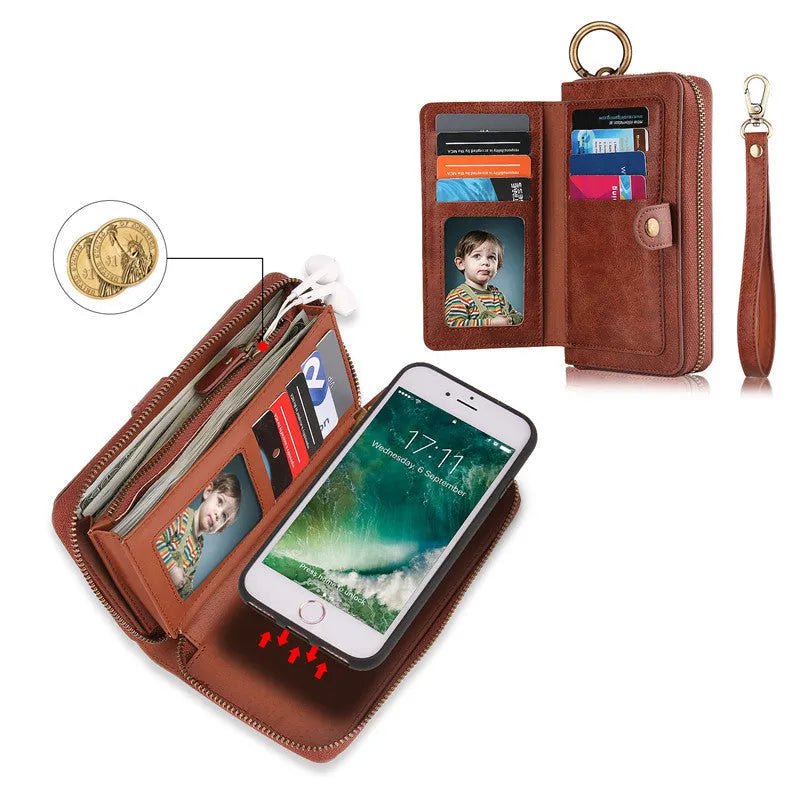 Multifunctional zipper wallet case for iPhone X and 6/7/8 Plus in black, with detachable inner shell, belt clip, card slot, and zip pocket.