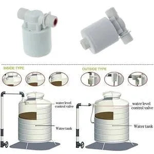 White nylon automatic float valve with threaded connection for water tank level control.