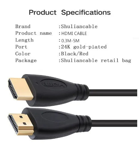 Gold-plated male HDMI cable plug next to length options from 0.3 to 5 metres for HDTV and gaming