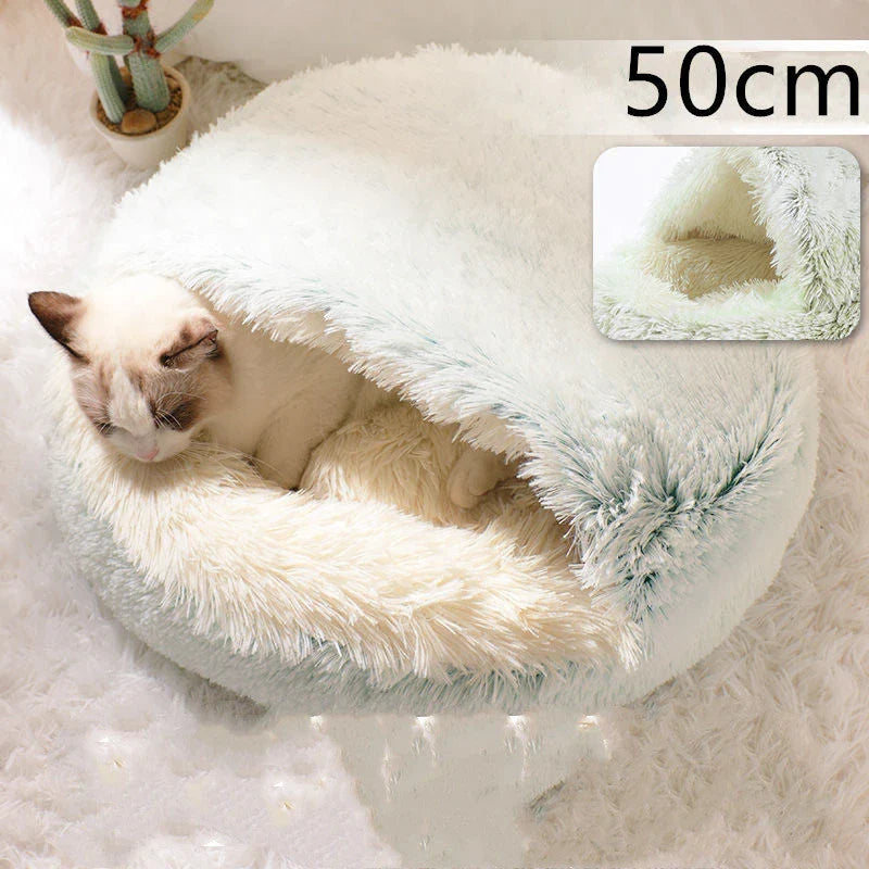 A soft, plush pet bed in various colors, including olive green, brown, pink, and grey, designed for the comfort and relaxation of cats and dogs.