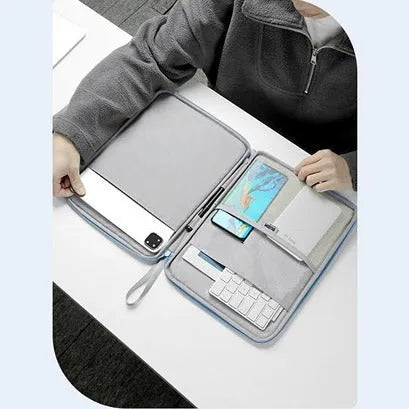 Imitation leather tablet protective case in light grey, shown with a tablet inserted.