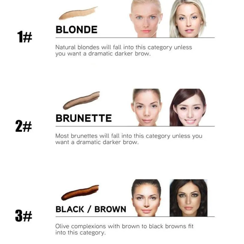 Ultra-fine four-comb waterproof eyebrow pencil in Blonde, Brown, and Brunette with compact 13g size