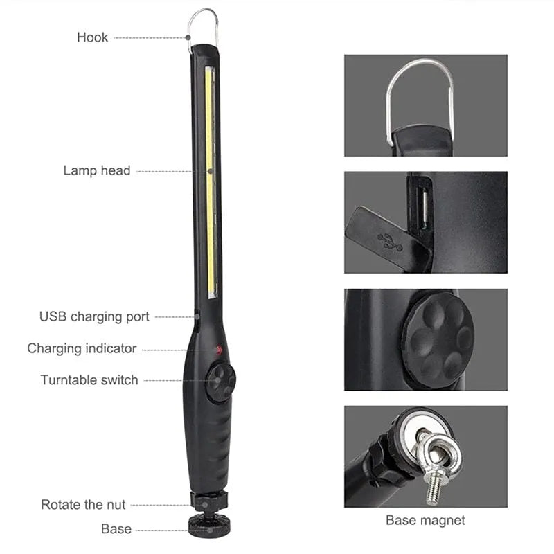LED work light with 360-degree rotating bracket, 20W, USB rechargeable, ABS plastic, 377x35mm, in Black or Purple.