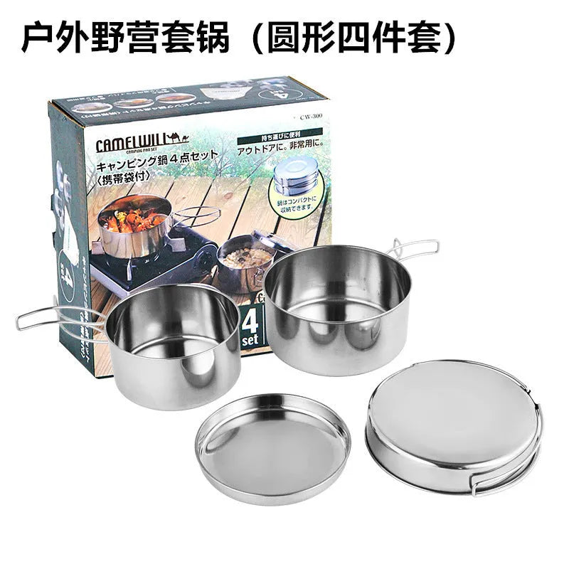Silver stainless steel outdoor camping pot set with four pieces for 2-3 people