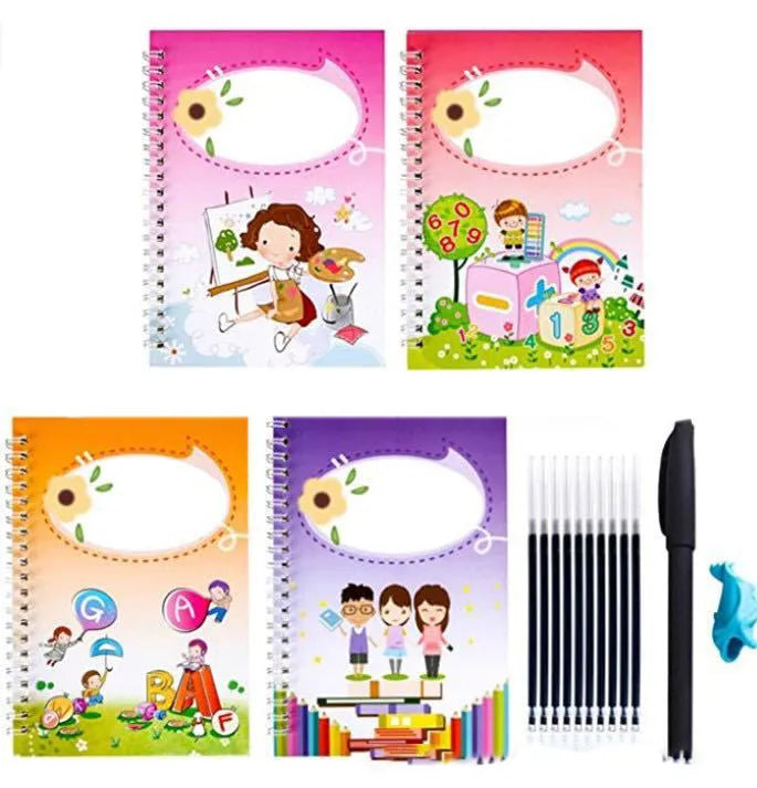 Hard cover magic practice writing book with disappearing ink pages for reusable handwriting exercises