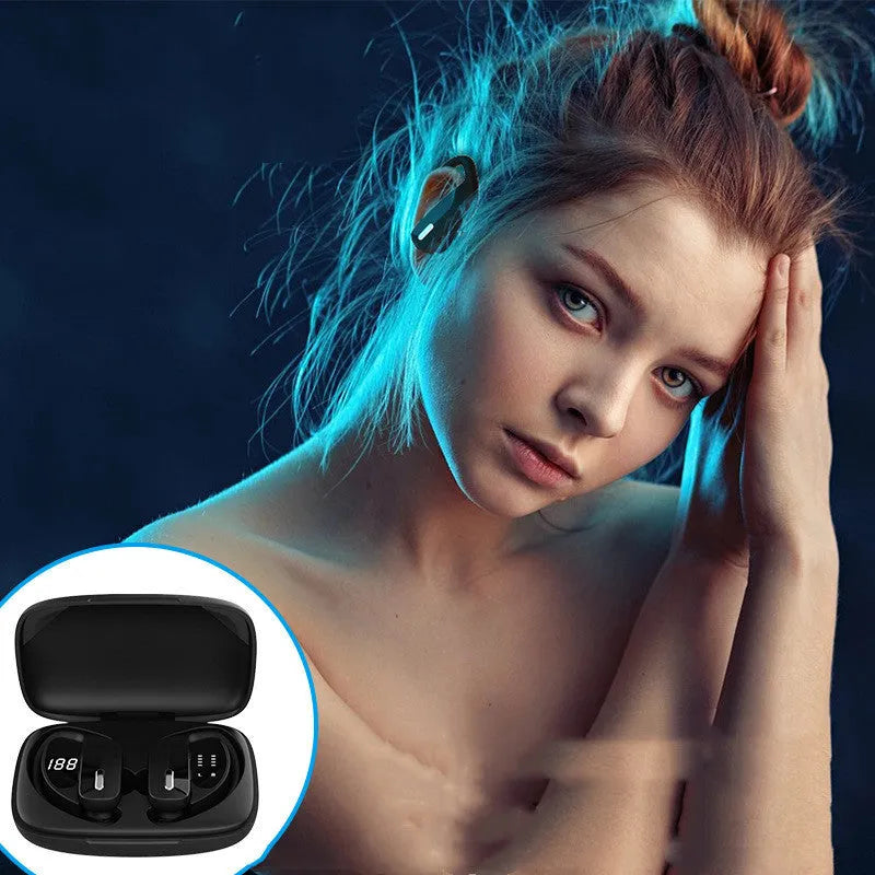 Black wireless Bluetooth headphones with LED digital display and hanging ear design