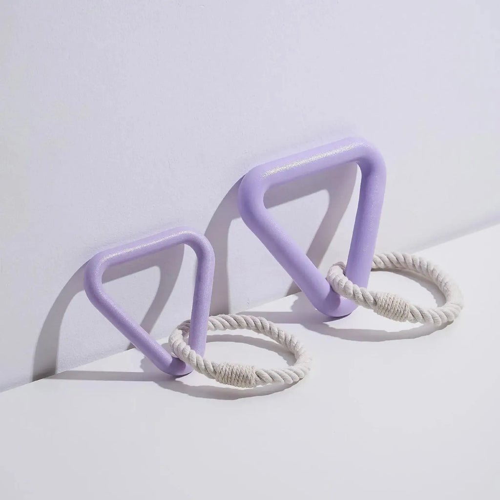 Large triangular cotton rope dog pull ring toy in beige, pink, or purple colours