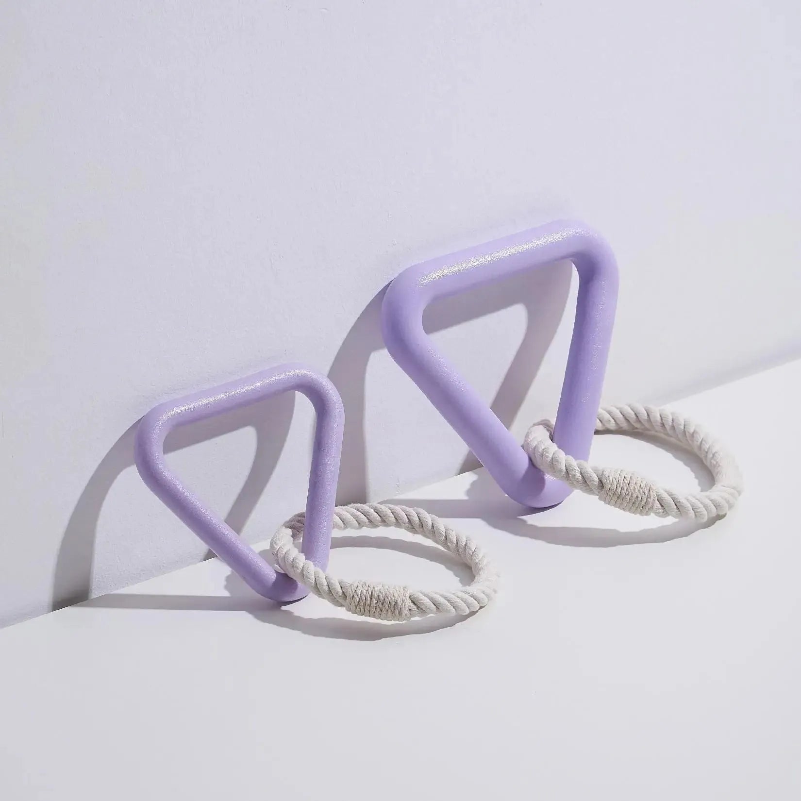 Large triangular cotton rope dog pull ring toy in beige, pink, or purple colours