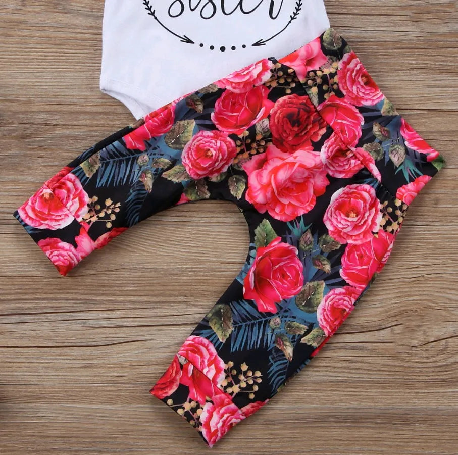 Girls' autumn three-piece cotton set with long-sleeved top, bottoms and hair band in floral and letter print, sizes 70cm to 100cm