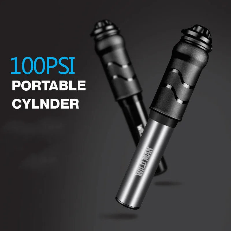 WILD MAN portable mini bike pump in Black or Silver, 158mm stored length, approximately 100PSI, Presta and Schrader valve switch