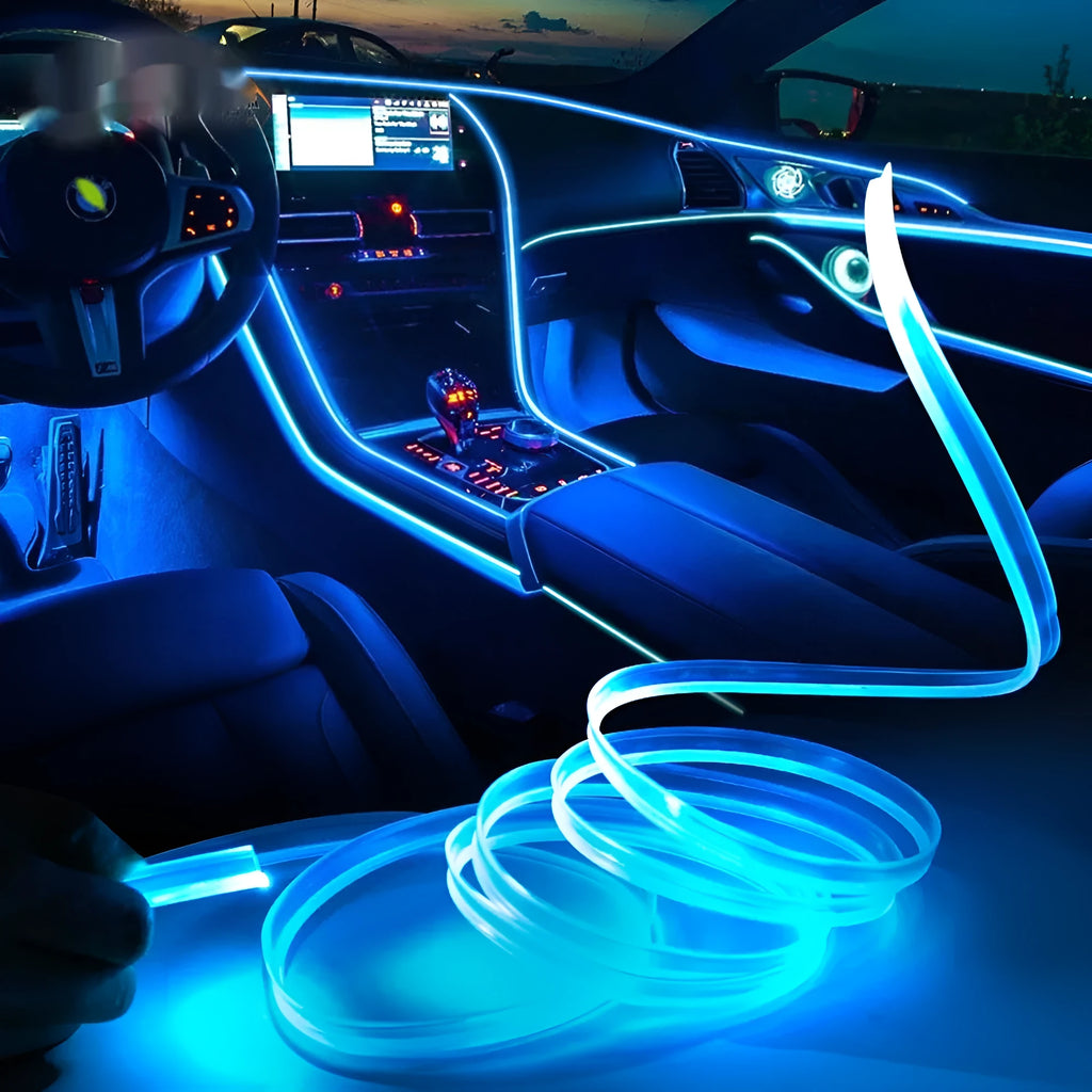 Colourful RGB LED car ambience light strip with USB plug, showing flexible PVC construction.