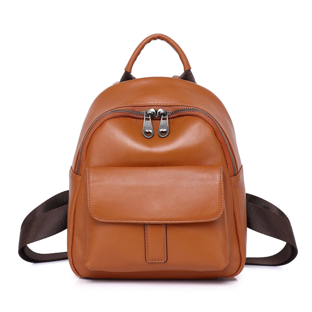 First layer cowhide leather women backpack in compact 24x20x10cm size, available in black, brown, or coffee