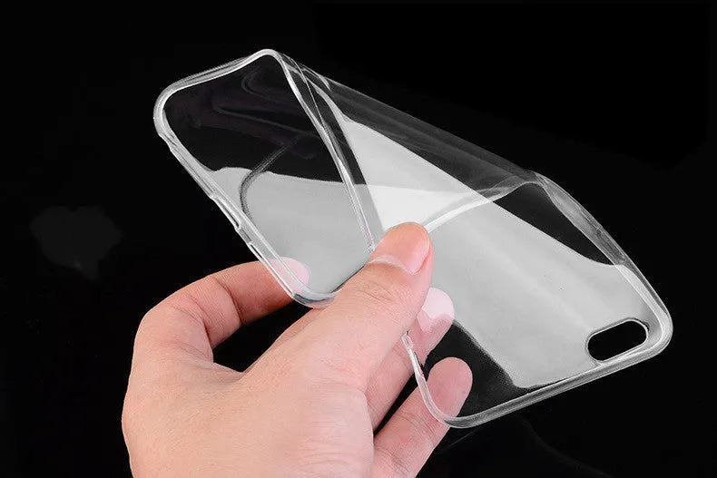 Transparent TPU soft shell mobile phone case for iPhone on a flat surface.