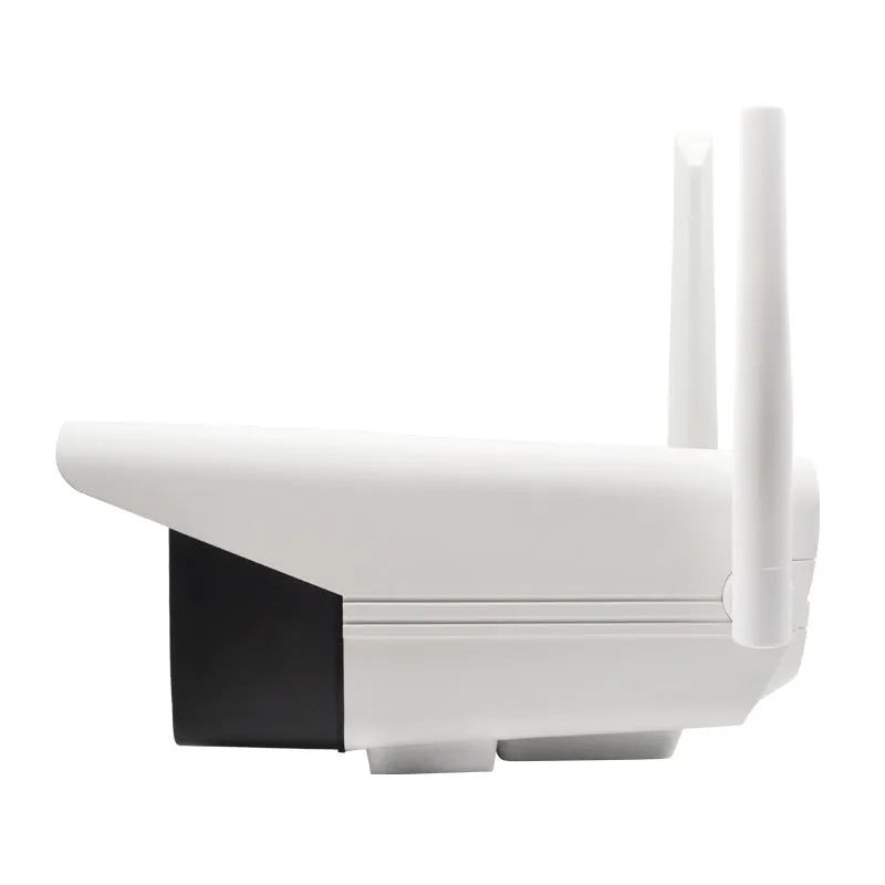 White outdoor smart security camera with a 3.6mm lens and infrared LEDs for night vision.