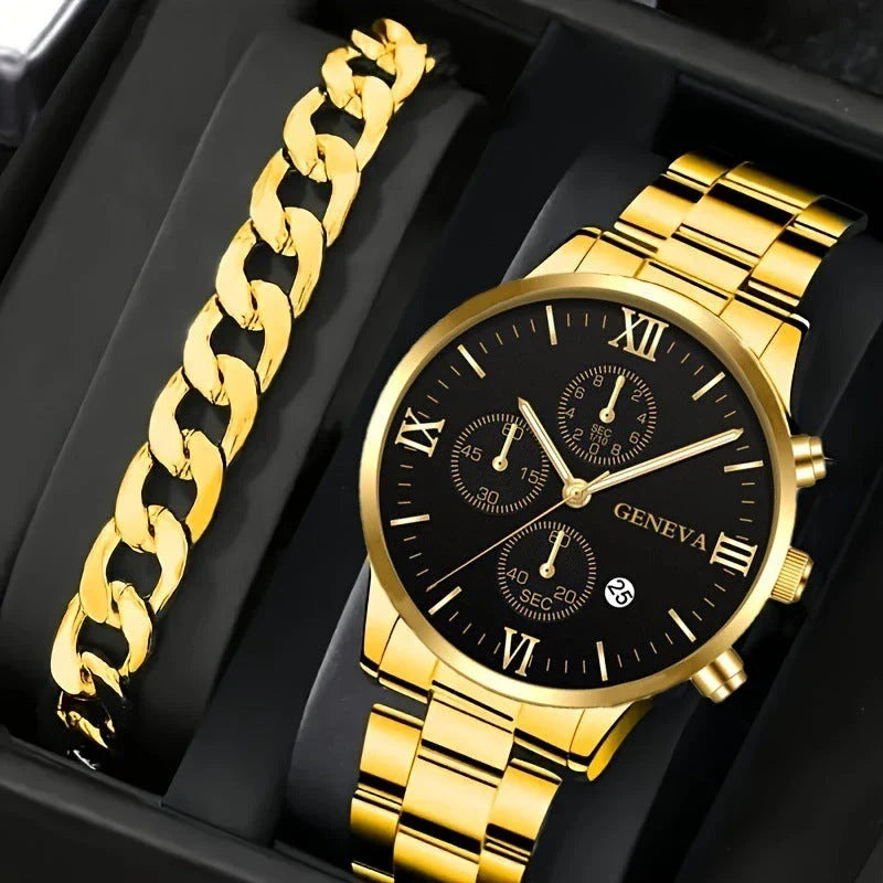 Stylish men's fashion watch and bracelet set with stainless steel case and leather strap, perfect for Valentine's Day gift