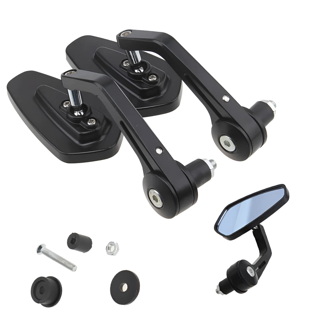 Pair of diamond-shaped aluminium motorcycle mirrors with blue anti-dazzle glass on a motorcycle handlebar