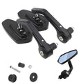 Pair of diamond-shaped aluminium motorcycle mirrors with blue anti-dazzle glass on a motorcycle handlebar