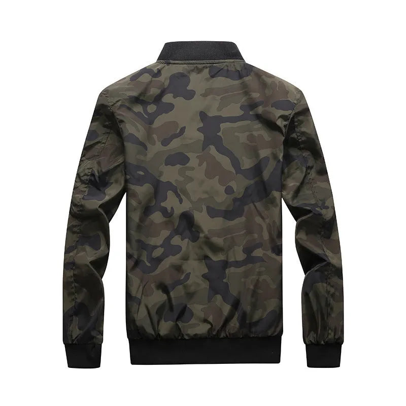 Men's camouflage bomber jacket, stand collar, zip front, long sleeves, welt pockets, army green or dark grey