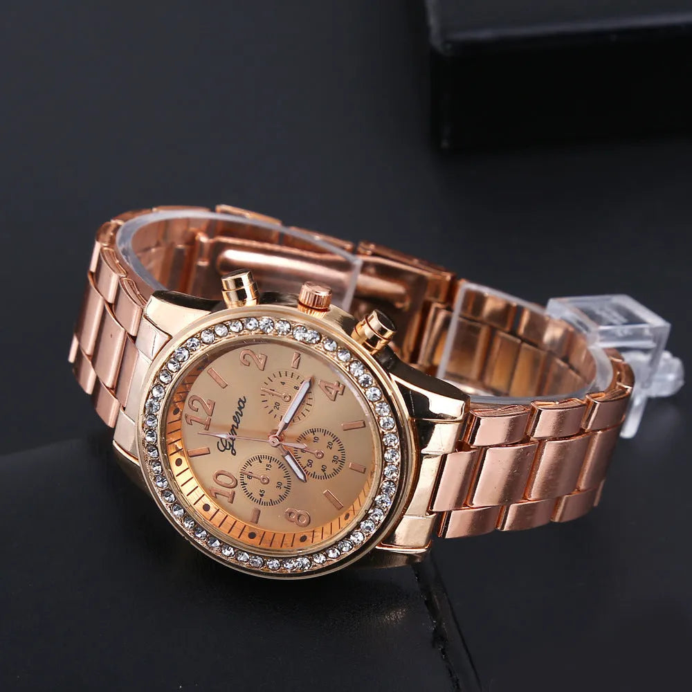 Geneva men's diamond alloy quartz watch with gold set style and three eye subdials