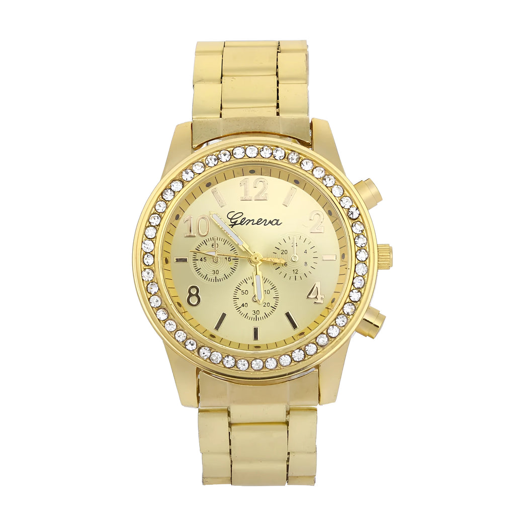 Geneva men's diamond alloy quartz watch with gold set style and three eye subdials