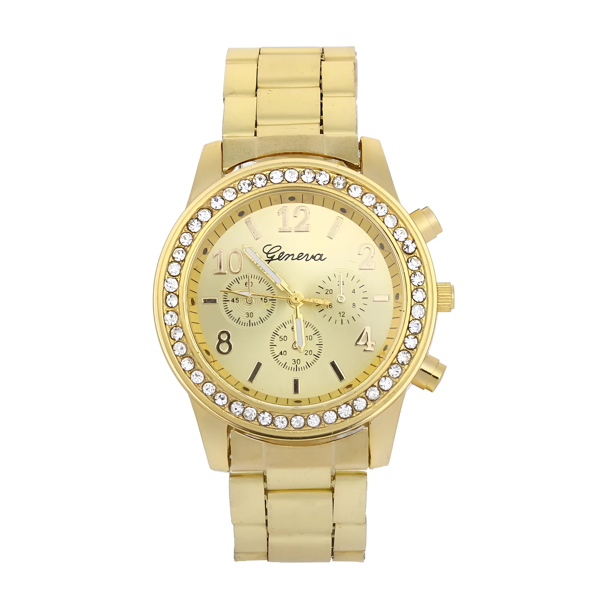 Geneva men's diamond alloy quartz watch with gold set style and three eye subdials