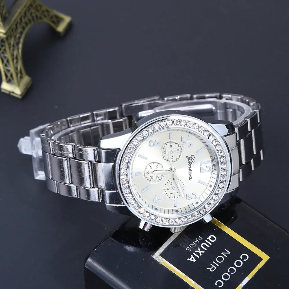 Geneva men's diamond alloy quartz watch with gold set style and three eye subdials