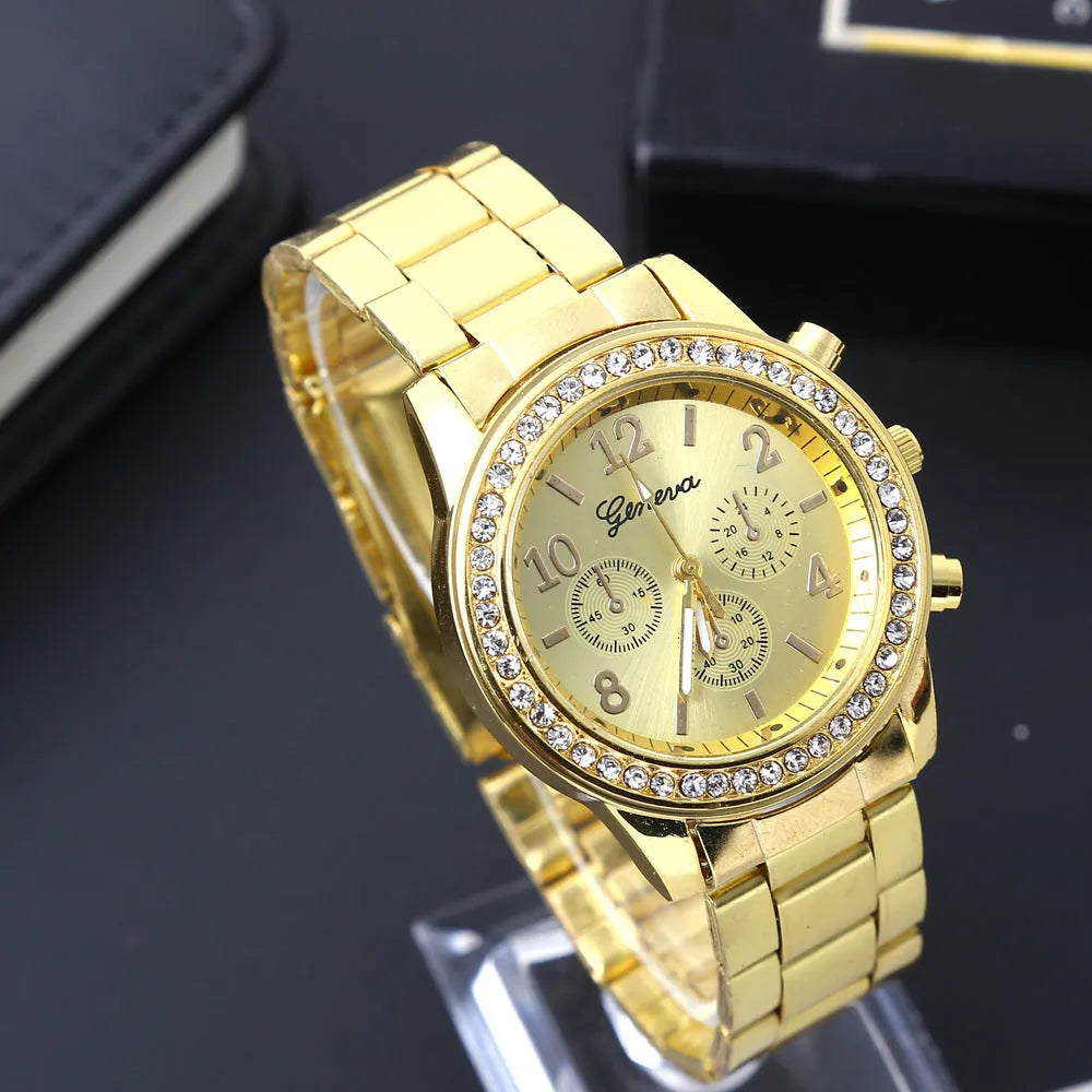 Geneva men's diamond alloy quartz watch with gold set style and three eye subdials