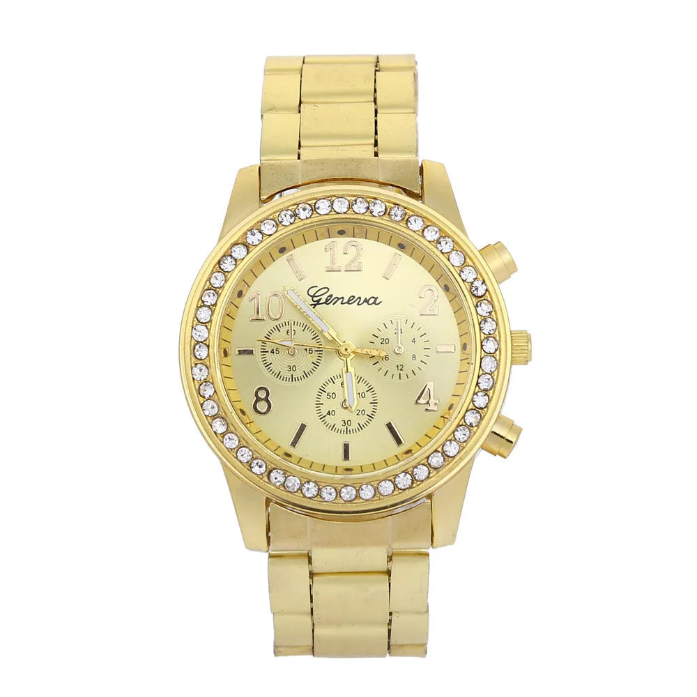 Geneva men's diamond alloy quartz watch with gold set style and three eye subdials