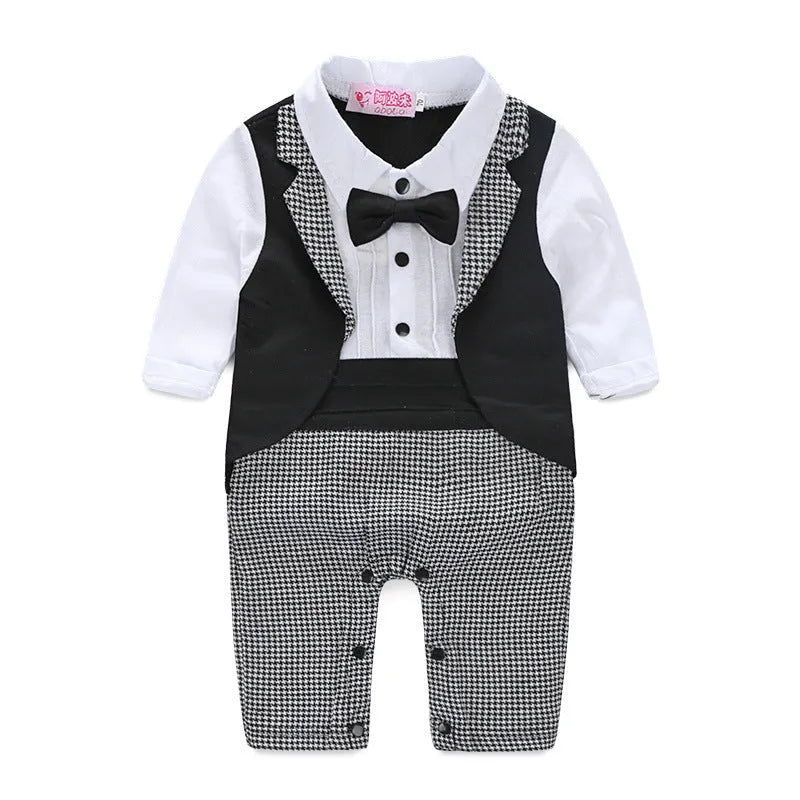 Boys' long-sleeved gentleman romper in black with formal collar, front view, available in sizes 70-95