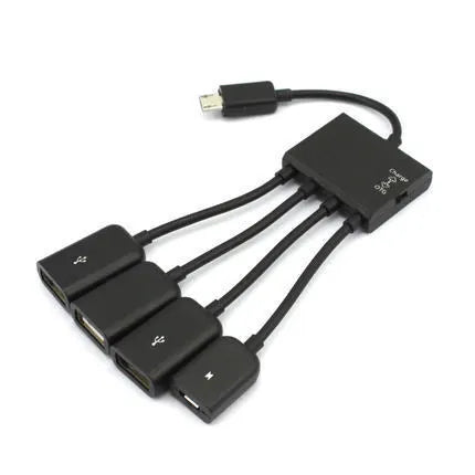Black Micro USB OTG one-to-four adapter cable with switch and three USB ports