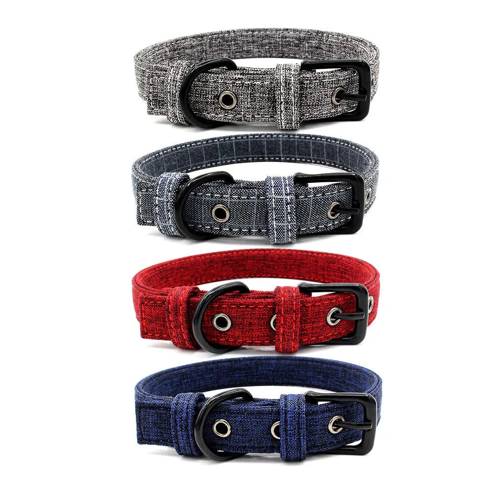 Canvas dog collar with reflective weave and traction leash in colourful fabric, four sizes XS to L