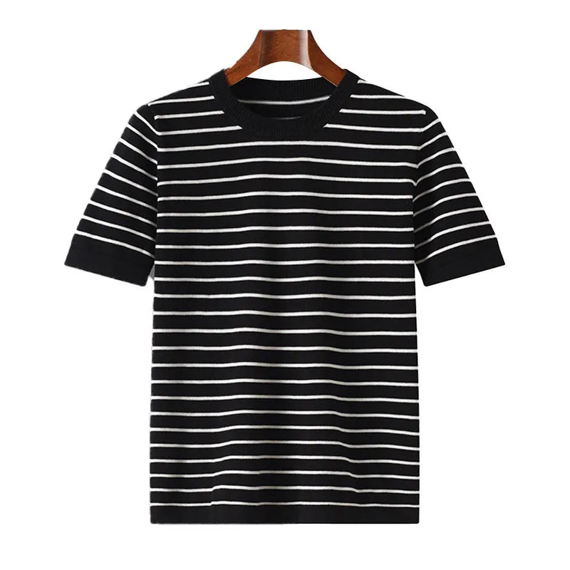 Men's striped short sleeve round neck pure cotton top in gold camel, grey, or black, sizes S to XXXL