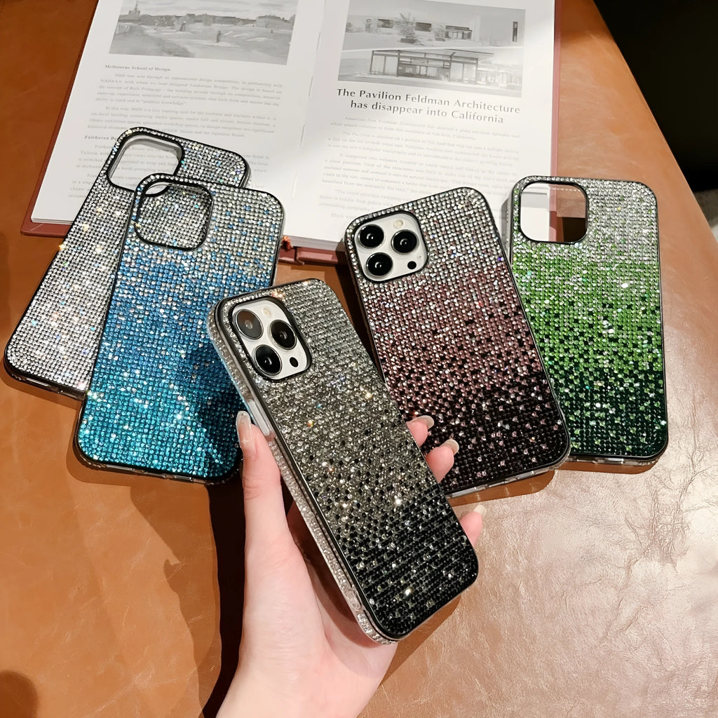 Gradient edge drill phone case for iPhone with rhinestones, anti-fall TPU PC back cover in coffee purple blue green