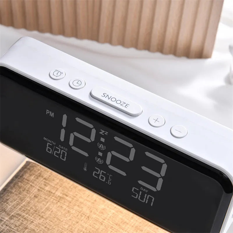 White 3-in-1 bedside lamp with wireless charging pad, LCD display, and ABS lampshade