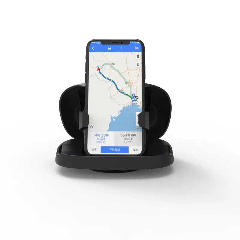 Black rotating car phone mount with suction cup windscreen attachment showing 360-degree adjustment capability